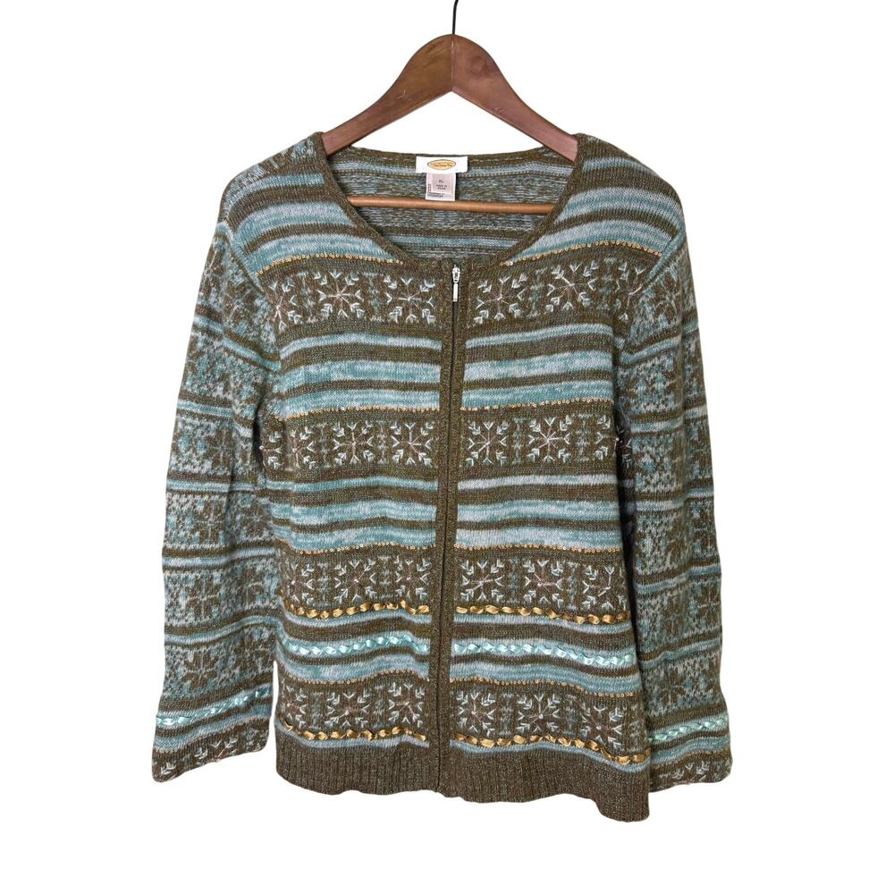 Coldwater Creek Lambswool Cardigan XL Embroidered Fair Isle Zip Boho Sweater